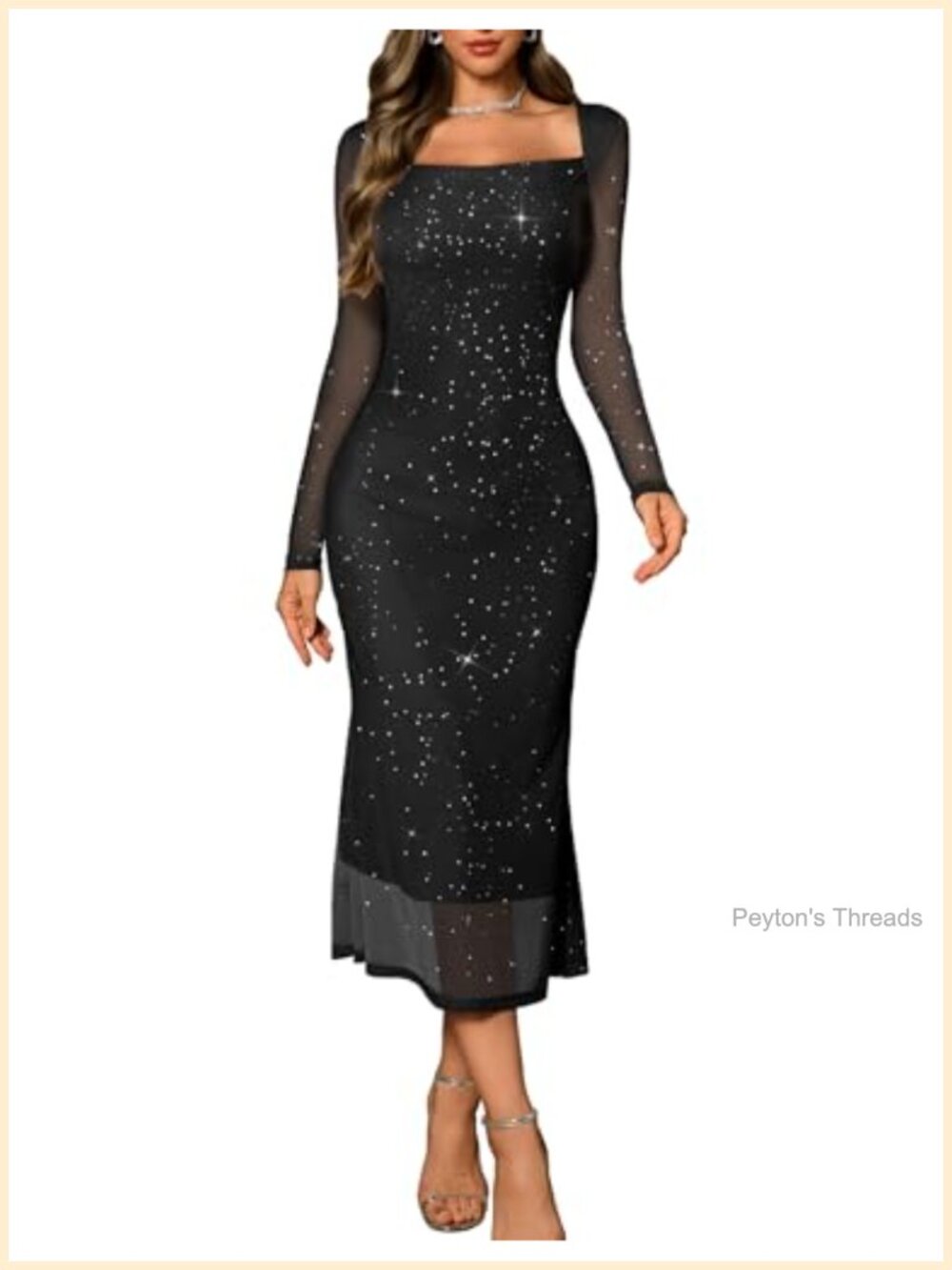 Womens Sparkly Sequin Mesh Long Sleeve Bodycon Maxi Formal Dress